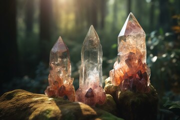 Quartz gemstones towers on mysterious forest natural background. minerals for esoteric Magic crystal Ritual, Witchcraft, spiritual practice. reiki healing therapy for life balance,. Generative AI - obrazy, fototapety, plakaty