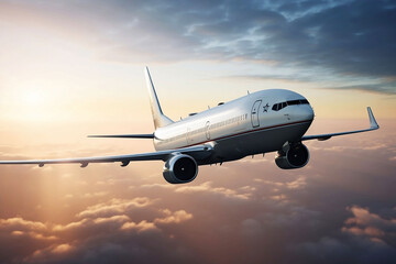 Fototapeta na wymiar Airplane Flying in the Sky. Transportation Concept on Blue Background