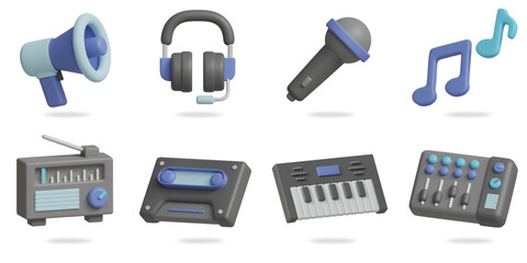 music 3D vector icon set.
speaker,earphones,microphone,music note,radio,cassette,electric piano,music mixer