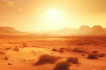 Fototapeta na wymiar Sunset in the desert. Extreme heat, high temperature. Hazy orange sky. Global warming. Generative AI