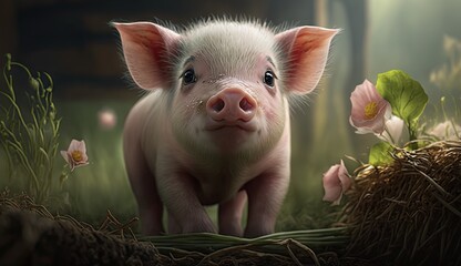 Wallpaper of a baby pig at the farm. Created with generative Ai technology