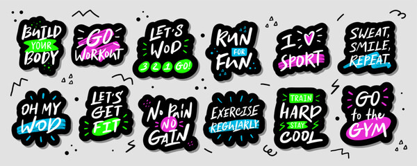 Set of stickers about sport. Vector modern calligraphy artwork. Concept for runner, fitness trainer, gym ad, bodybuilders, healthy life. Graphic for social media, business card, tee print.
