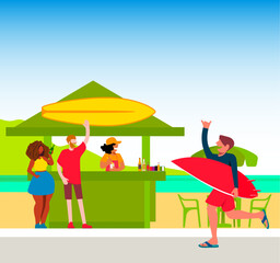 Vetor dinclusive daily life - Vector illustration of friends hanging out at a surf bar on the sunny tropical beach boardwalke amigos em bar de surfistas na praia