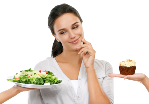 Thinking, decision and woman with salad and cupcake on isolated, png and transparent background. Nutrition, healthy eating and face of girl with food, cake and choice for diet, detox and wellness