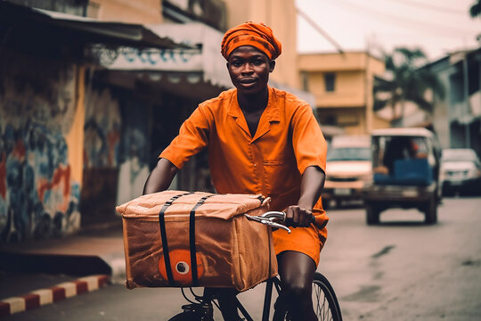 African Delivery Man Using Bike. Generative IA