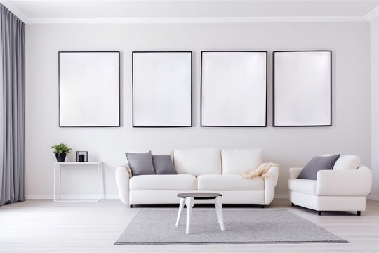 Interior in light colors with picture frames on the wall. Mockup. Generative AI