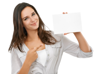 Woman portrait, pointing and poster mockup isolated on transparent, png background for advertising or card sign. Happy model or person hand holding paper with empty space for design mock up or promo