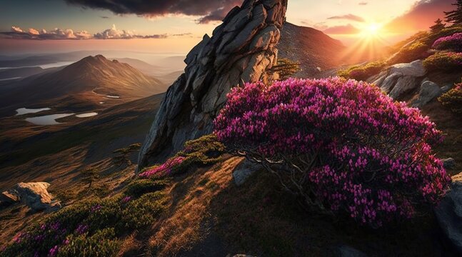 Rhododendron blossoms in bloom on a Carpathian mountain before dawn. Generative AI