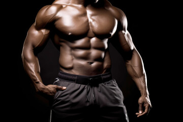 Fototapeta na wymiar Muscular male torso on dark background. Generative AI