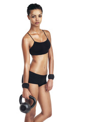 Fototapeta premium Woman, body and fitness portrait with kettlebell on isolated, png and transparent background. Serious, workout and sports athlete with heavy metal equipment, wellness and exercise gear for training