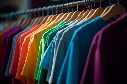 Colorful t-shirts hangers in shop.