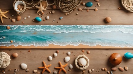 wooden table top view, central space empty, surrounded by seashells, starfish, beach pebbles, nautical rope, marine ambiance