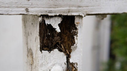 dilapidated, crumbling balustrade of the house, old wood at the entrance to the house, repair of...