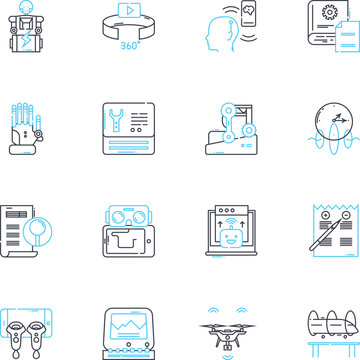 Digital fabrication linear icons set. Additive manufacturing, Robotics, Laser-cutting, D scanning, Material science, Rapid prototyping, CNC line vector and concept signs. D printing,Modeling,CAD