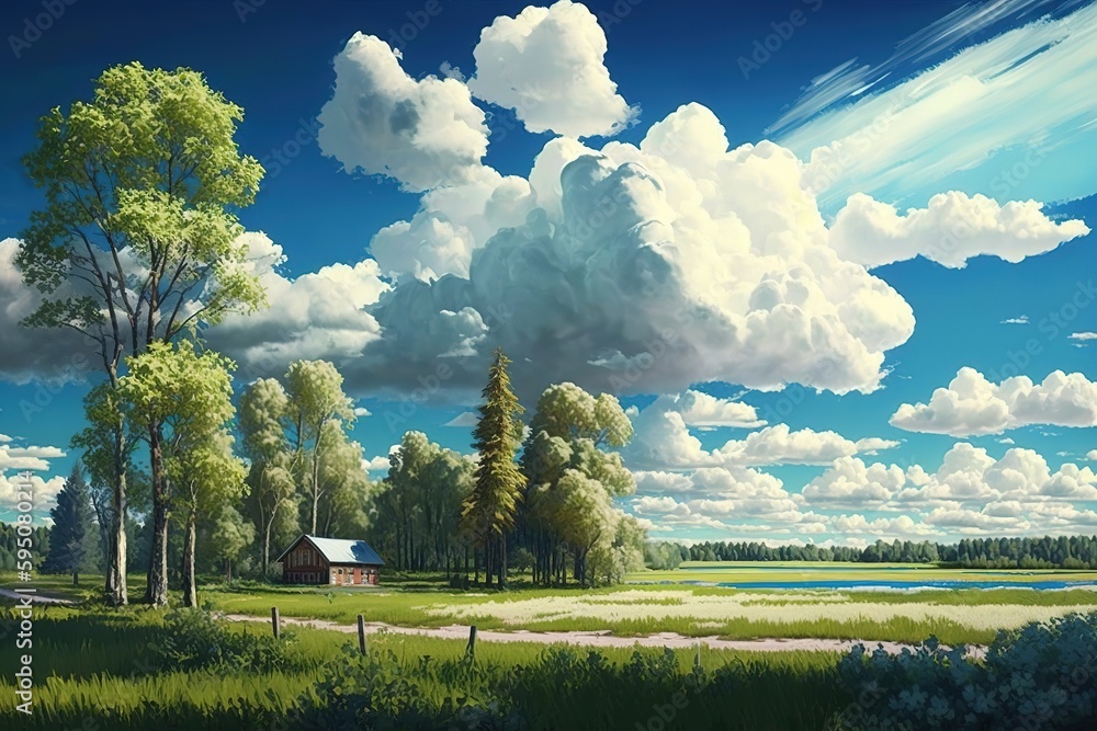 Poster scenery of trees and grassland on a sunny day under a partly overcast sky. generative ai