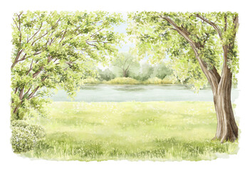 Watercolor vintage summer  composition with green landscape with trees, river and grass with vegetation isolated on white background. Hand drawn illustration sketch