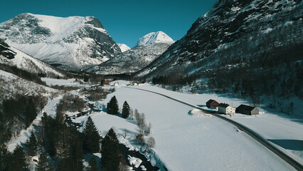 Aerial view of a small village in the mountains, Norway.