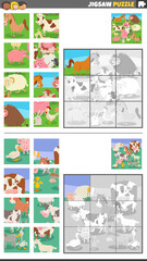 Fototapeta na wymiar jigsaw puzzle game set with cartoon farm animals