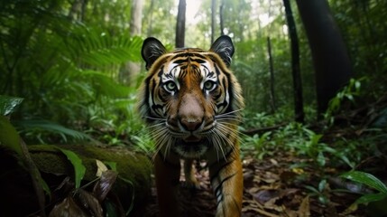 Fototapeta premium Tiger in a cinematic jungle forest background with beautiful colors generative ai