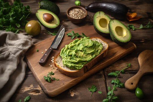healthy breakfast toast with avocado on a wooden board. healthy eating and veganism. ai generative