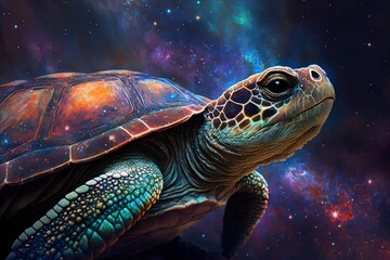Obraz na płótnie Canvas colorful turtle in space surrounded by nebulas galaxy, style of realistic hyper-detailed rendering, precisionist art animal portrait, generative ai