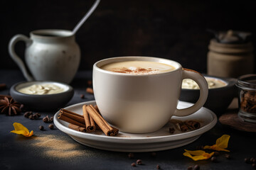 mug filled with ashwagandha latte, cinnamon stick and saucer. ai generative