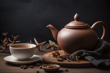 Kettle Filled with ashwagandha tea, and a small cup for pouring. ai generative