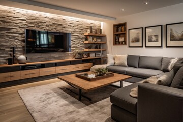 Photo of a bright living room full of memories and new technologies. Places where family and friends relax together in home environments. Generative AI