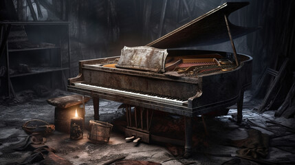 A Grand piano in a abandoned destroyed room, left house, spooky mystical mood, after post-apocalyptic. Generative ai