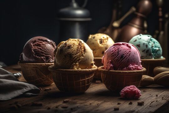 Assorted ice cream balls of different flavors and colors on a wooden table. ai generative