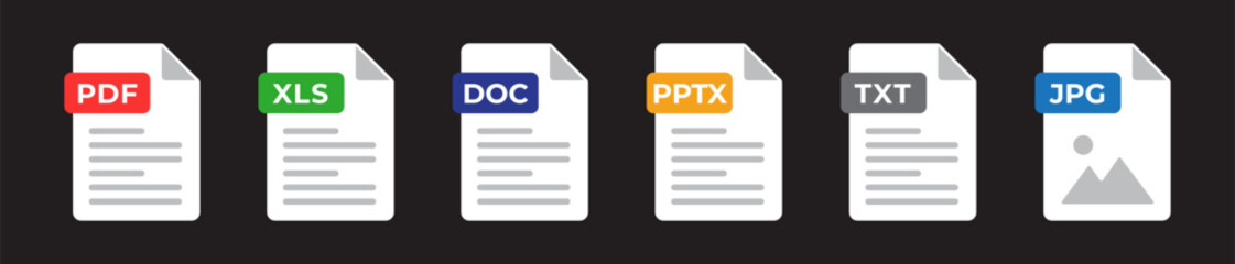 New document file icons. Pdf, Xls, Doc, Pptx, Txt, jpg flat icons set. Vector illustration.