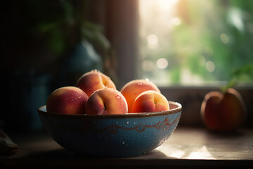 peaches in a clay bowl with water drops. ai generative