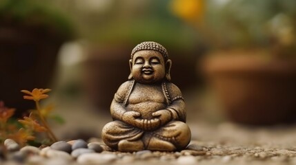 Nahaufnahme einer meditierenden, kleinen Buddha-Figur mit soft Fokus auf Zen Garten im Hintergrund, Generative AI