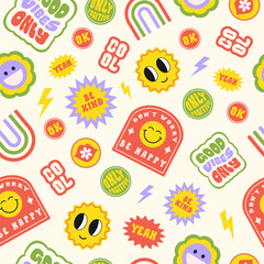Trendy colorful cartoon stickers seamless pattern with smiling face and text. Collection of cute funny icons, positive slogans in style 70, 80s. Vector illustration