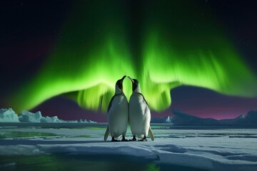 penguins stand on melting ice in Arctic Ocean at polar lights, global warming concept, world global planet climate change. Two cute emperor penguins confused by ice melting. Generative AI