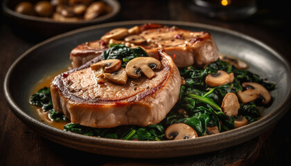 Grilled sirloin steak with edible mushroom slice generated by AI