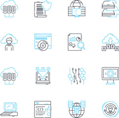 Mtary governance linear icons set. Leadership, Democracy, Accountability, Transparency, Integrity, Participation, Communication line vector and concept signs. Decentralization,Civic engagement,Public