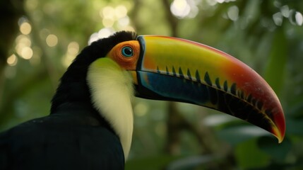 Naklejka premium Tucan in a cinematic tropical forest background with beautiful colors generative ai