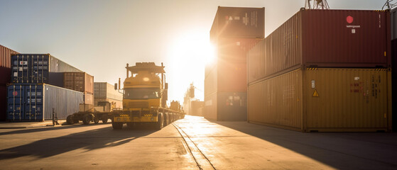 Export import shipping at port with shipping container under the sunlight
