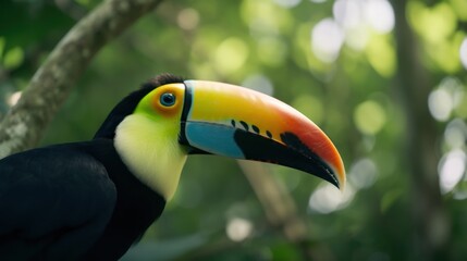 Naklejka premium Tucan in a cinematic tropical forest background with beautiful colors generative ai