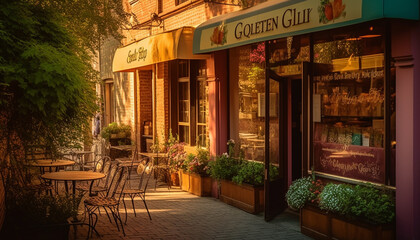 Wooden chairs on sidewalk, lanterns illuminate coffee shop generated by AI