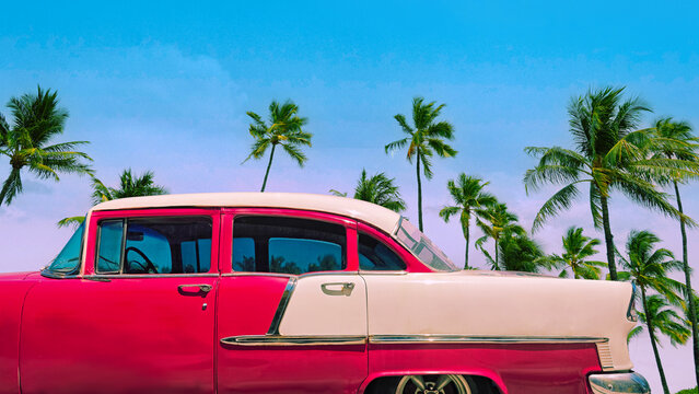Fototapeta Pink classic car on a tropical beach with palm tree, vintage process