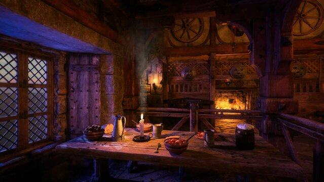 Atmospheric medieval tavern interior at night with flickering candle flame on a dining table and fireburning in the background.