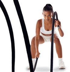 Woman, fitness and battle rope workout with muscle training isolated on transparent, png background. Exercise, female athlete with focus and cardio workout equipment, bodybuilding and endurance