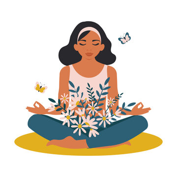 A woman sits cross-legged and meditates. From her inner peace and harmony, flowers bloom and butterflies fly. Vector.