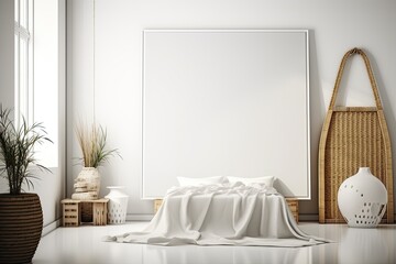 Boho style bedroom mock-up with a blank picture frame. Mockup/copyspace for product/design placement created using generative AI tools