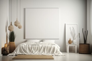 Boho style bedroom mock-up with a blank picture frame. Mockup/copyspace for product/design placement created using generative AI tools