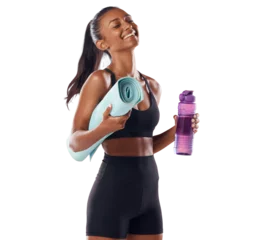 Deurstickers Fitness Happy woman in portrait, laughing with yoga mat and water bottle with fitness isolated on transparent, png background. Exercise, pilates and health, hydration with Indian female yogi with happiness
