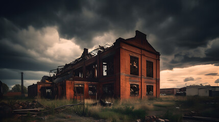 A striking image of an abandoned factory, with the weathered, rusting metal and crumbling brickwork creating a stark contrast against the surrounding landscape and dramatic sky