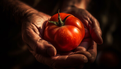 Hand holding ripe tomato, fresh from farm generated by AI